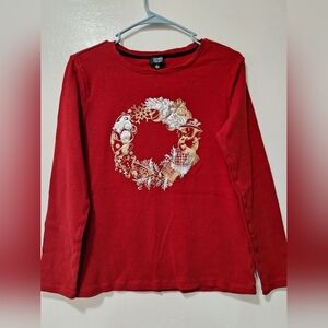 Jones New York Red Long Sleeve Top with Festive Embroidery